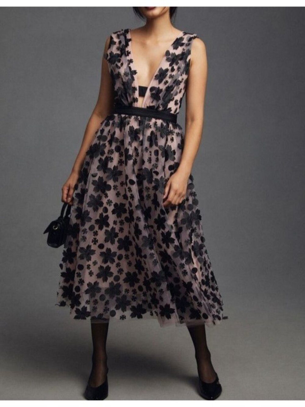 Anthropologie 3D Floral Tulle Midi Dress Women 0 Petite Fairy Whimsical Formal